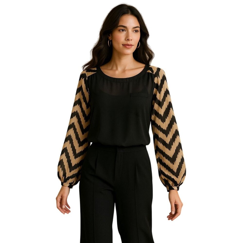 AB Studio Sheer Chevron Blouse Black Beige Long Sleeve Lightweight Bohemian Chic - Picture 2 of 13